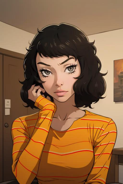 (masterpiece, best quality:1.2), <lora:thepit:0.95>, thepit, looking at viewer, <lora:sadayokawakami:.95>, sadayokawakamisweater, 1girl, solo, breasts, skirt, shirt, striped, striped shirt, portrait, upper body, close-up, long sleeves,