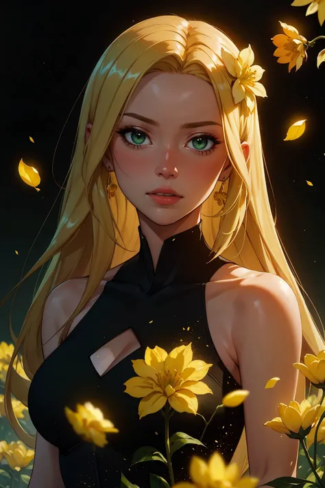 best quality, masterpiece, photorealistic, ultrarealistic, professional photograph shot on Canon EOS R6, 80mm, moody lighting, abstract art, 1 girl, beautiful, visually stunning, elegant, incredible details, yellow theme, simple black background, yellow flowers, award-winning painting, blonde hair, long hair, green eyes, pxint, ecstatic, opalescent, splashes of gold and yellow, abstract, the background is decorated with yellow flowers in a swirly abstract fashion, fantasy, radiance, gold particles, (yellow flower theme), petals