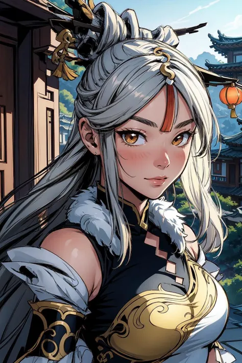 thick outlines, comics, photorealistic, masterpiece:1.2, 1girl, solo, <lora:ningguang2:1>, ningguangdef, chinese temple, chinese town, detailed background, detailed face, detailed eyes, <lora:add_detail:0.7>