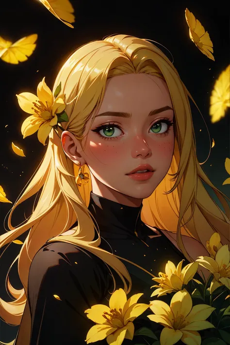 best quality, masterpiece, photorealistic, ultrarealistic, professional photograph shot on Canon EOS R6, 80mm, moody lighting, abstract art, 1 girl, beautiful, visually stunning, elegant, incredible details, yellow theme, simple black background, yellow flowers, award-winning painting, blonde hair, long hair, green eyes, ecstatic, opalescent, splashes of gold and yellow, abstract, the background is decorated with yellow flowers in a swirly abstract fashion, fantasy, radiance, gold particles, (yellow flower theme), petals