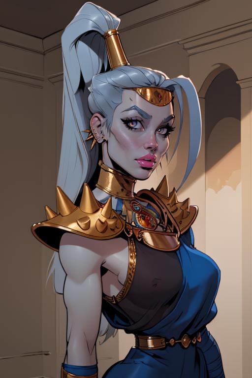 A woman in a blue dress and gold armor posing for a picture - SeaArt AI