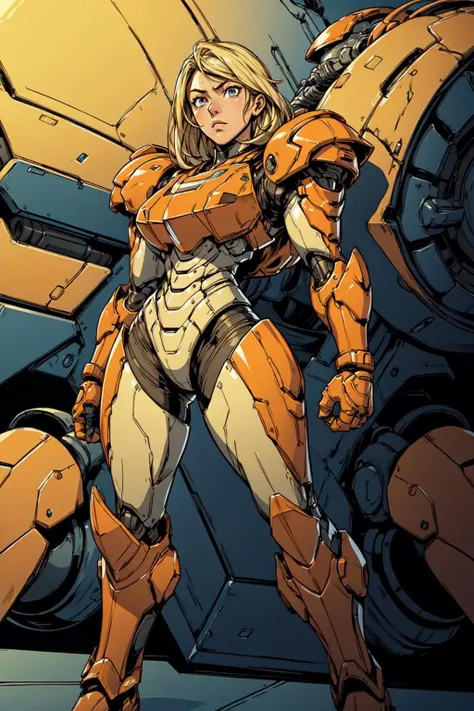 thick outlines, comics, photorealistic, 1girl, solo, full body shot, dynamic pose, <lora:SamusaranV1:0.4>, samusaran, blonde hair, orange armor, arm cannon, inside of a spaceship, futuristic, detailed background, detailed face, detailed eyes, <lora:add_detail:0.7>