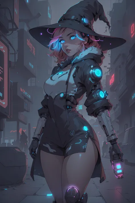 Flat Color, Thicker Lines, Inkpunk, Masterpiece, Best Quality, HDR, Ultra Detailed, (( Fantasy Cyberpunk, Futuristic, Solo, Reflections )), { Cyborg 1Girl, Freckles, Thick Thighs, Small Breasts, {{ Short Fluffy Curly Pink Streaked Hair, Glowing Hair, }} Light Blue Eyes, Glowing Eyes, }, Hood Open White Overcoat, Witch Hat, Black Shorts, Black Qipao, Mechanical Legs, Cybernetic Eye, single mechanical arm, ( Volumetric Particles, Volumetric Lights, Light Rays, Glowing Neon, Cyberpunk City, )