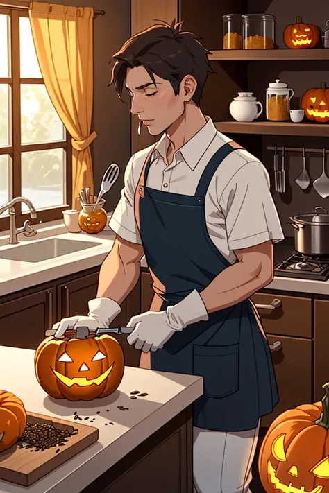 A man is carving a jack-o-lantern in his kitchen. He is wearing an apron and gloves, and he has a knife and a spoon in his hands. He is careful and creative as he cuts out the eyes, nose, and mouth of the pumpkin. He also scoops out the seeds and pulp, and saves them for later. The kitchen is bright and clean, and there are some candles and tools on the counter. The scene is cozy and artistic
<lora:GoodHands-beta2:0.75>