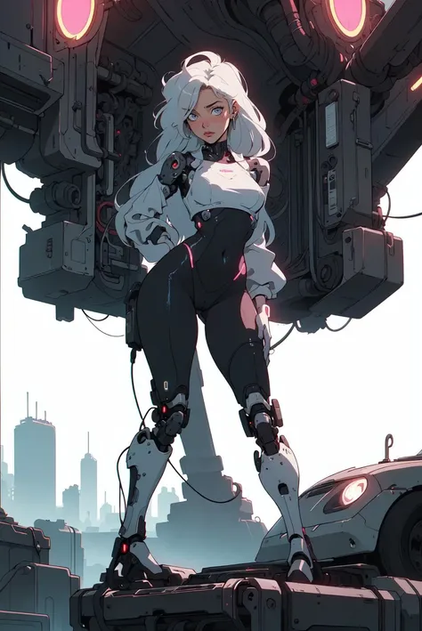 (best quality, masterpiece, clear face, aesthetic:1.2, dynamic angle, 1990s \(style\), retro artstyle, melancholic:1.4, light:1.2 (cyberpunk, white neon:1.1), (vamptech scifi:1.0)) BREAK  (young teen:1.4), thin:1.2, long hair, tiny perky boobs, cameltoe, full body action pose, painful eyes, blush, metal chrome plates, half cyborg, cables, tubes, rusty machine parts, white background <lora:80'sFusion:0.6>  <lora:add_detail:-0.6>  <lora:VampiricTech:0.2> <lora:CyberPunkAI:0.2>