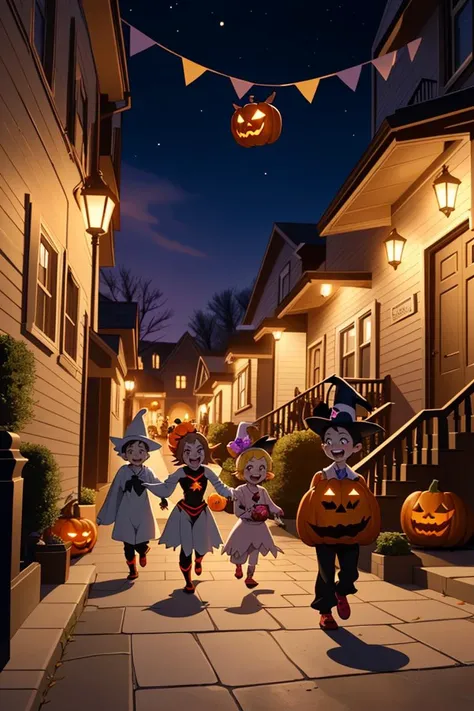 A group of is trick-or-treating in a neighborhood. They are wearing costumes of their favorite characters, such as superheroes, princesses, and monsters. They are happy and excited as they knock on doors and collect candies and treats. The neighborhood is decorated with pumpkins, spiders, and ghosts, and there are some scary sounds and lights. The scene is festive and fun,
<lora:GoodHands-beta2:0.75>