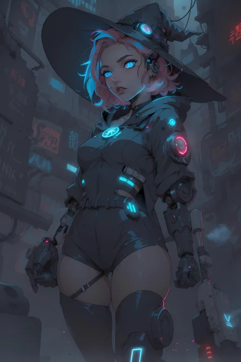 Flat Color, Thicker Lines, Inkpunk, Masterpiece, Best Quality, HDR, Ultra Detailed, (( Fantasy Cyberpunk, Futuristic, )), { Cyborg 1Girl, Freckles, Thick Thighs, Small Breasts, {{ Short Fluffy Curly Pink Streaked Hair, Glowing Hair, }} Light Blue Eyes, Glowing Eyes, }, Hood Open White Overcoat, Witch Hat, Black Shorts, Black Qipao, Mechanical Legs, Cybernetic Eye, single mechanical arm, ( Volumetric Particles, Volumetric Lights, Volumetric Mist, Light Rays, Glowing Neon, Cyberpunk City Underground, )