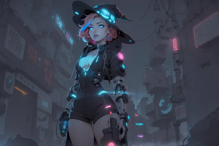 Flat Color, Thicker Lines, Inkpunk, Masterpiece, Best Quality, HDR, Ultra Detailed, (( Fantasy Cyberpunk, Futuristic, Solo, )), { Cyborg 1Girl, Freckles, Thick Thighs, Small Breasts, {{ Short Fluffy Curly Pink Streaked Hair, Glowing Hair, }} Light Blue Eyes, Glowing Eyes, }, Hood Open White Overcoat, Witch Hat, Black Shorts, Black Qipao, Mechanical Legs, Cybernetic Eye, single mechanical arm, ( Volumetric Particles, Volumetric Lights, Volumetric Mist, Light Rays, Glowing Neon, Cyberpunk City Underground, )