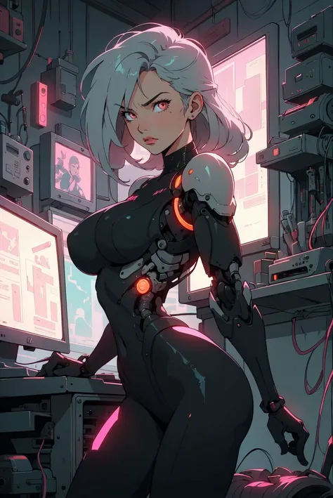 (best quality, masterpiece, clear face, aesthetic:1.2, dynamic angle, 1990s \(style\), retro artstyle, melancholic:1.4, light:1.1 (cyberpunk, white neon:1.0), (vamptech scifi:1.0)) BREAK young thin tiny teen, perky boobs, action pose, angry eyes, metal chrome plates, white cyborg parts, cables, tubes, rusty machine parts BREAK secret laboratory, lab equipment, computers, monitors, pink and orange neon <lora:80'sFusion:0.6>  <lora:add_detail:-0.6>  <lora:VampiricTech:0.2> <lora:CyberPunkAI:0.2>