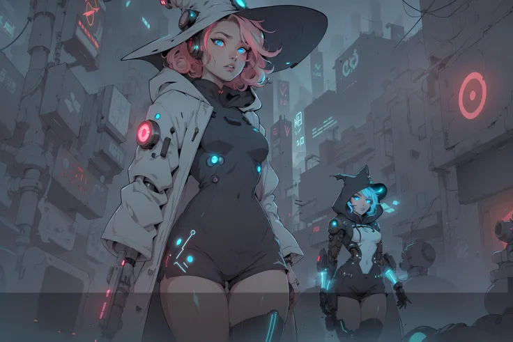 Flat Color, Thicker Lines, Inkpunk, Masterpiece, Best Quality, HDR, Ultra Detailed, (( Fantasy Cyberpunk, Futuristic, )), { Cyborg 1Girl, Freckles, Thick Thighs, Small Breasts, {{ Short Fluffy Curly Pink Streaked Hair, Glowing Hair, }} Light Blue Eyes, Glowing Eyes, }, Hood Open White Overcoat, Witch Hat, Black Shorts, Black Qipao, Mechanical Legs, Cybernetic Eye, single mechanical arm, ( Volumetric Particles, Volumetric Lights, Volumetric Mist, Light Rays, Glowing Neon, Cyberpunk City Underground, )