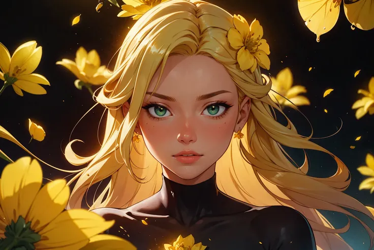 best quality, masterpiece, photorealistic, ultrarealistic, professional photograph shot on Canon EOS R6, 80mm, moody lighting, abstract art, 1 girl, beautiful, visually stunning, elegant, incredible details, yellow theme, simple black background, yellow flowers, award-winning painting, blonde hair, long hair, green eyes, ecstatic, opalescent, splashes of gold and yellow, abstract, the background is decorated with yellow flowers in a swirly abstract fashion, fantasy, radiance, gold particles, (yellow flower theme), petals