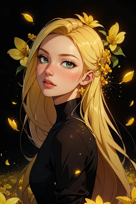 best quality, masterpiece, photorealistic, ultrarealistic, professional photograph shot on Canon EOS R6, 80mm, moody lighting, abstract art, 1 girl, beautiful, visually stunning, elegant, incredible details, yellow theme, simple black background, yellow flowers, award-winning painting, blonde hair, long hair, green eyes, ecstatic, opalescent, splashes of gold and yellow, abstract, the background is decorated with yellow flowers in a swirly abstract fashion, fantasy, radiance, gold particles, (yellow flower theme), petals