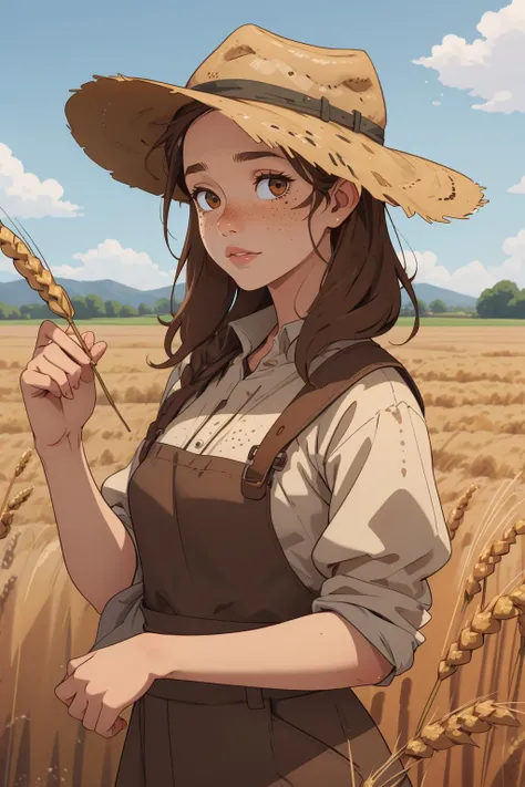1girl, brown hair, hat, freckles, farmer, country side, young, wheat