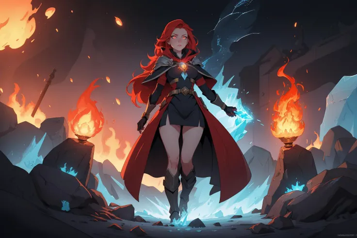 1girl, mage, red hair, [red eye|blue eyes], glowing eyes, ice magic, fire magic, nebulous, spiritual, incandescent, dazzling, omniscient, foamy, battlefield, standing, scenery