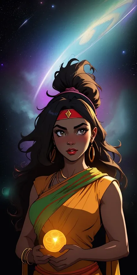a masterpiece, award winning, best quality, a young woman, perfect face, exciting, upper body, concept art, Bewitching stocky [Angel:Djinn:5] of Darkness, wearing summer clothes, Nurturing hair, Pakistani Headband, Interplanetary magnetic field background, Hazy conditions, Masterpiece, Neo-Primitivism, Black lighting, sfumato, Highres