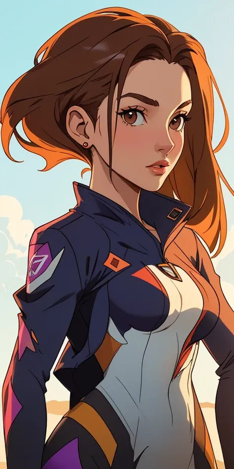 a masterpiece, award winning, best quality, a young woman, perfect face, exciting, upper body, concept art, modelshoot style shot of a Mystifying short Ashkenazi Woman torn suit, masterpiece, Aesthetically Pleasing hair, Summer, FOV 90 degrees, Relaxed, Warm Colors