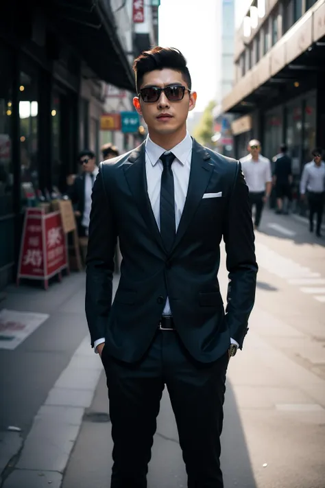 <lora:xh_20231012144452:0.9>,xh,necktie,formal,sunglasses,shirt,suit,multiple boys,pants,male focus,black necktie,jacket,blurry background,blurry,black pants,white shirt,hand in pocket,black jacket,black hair,belt,collared shirt,looking at viewer,realistic,short hair,standing,long sleeves,outdoors,closed mouth,open clothes,depth of field,cowboy shot,black suit,