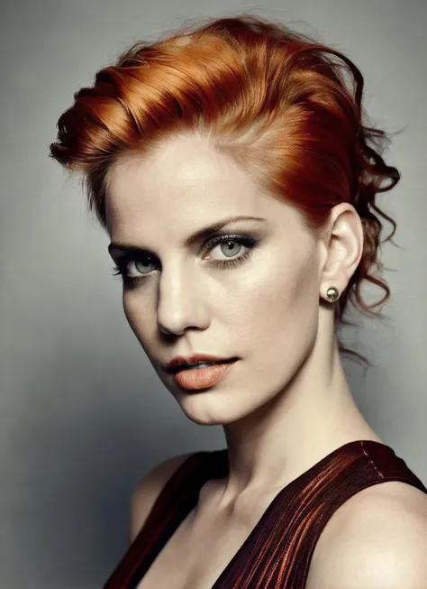 portrait of sks woman by Flora Borsi, style by Flora Borsi, bold, bright colours, orange Mohawk haircut, ((Flora Borsi)), <lora:locon_annachlumsky_v1_from_v1_64_32:1.3>