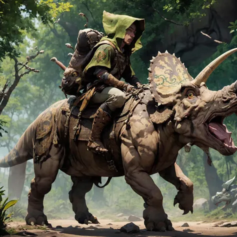 (young male elven druid:1.3) riding a triceratops, riding monster, (detailed lush jungle background), green and gold embroidered leather armor, leather boots, arms outstretched, closed mouth, intricately detailed eyes, medium nose, detailed hood
, best quality, masterpiece, intricate details, (backpack), DRAW THE GOD DAMN FACE
 <lora:triceratops_v01:0.7> <lora:LoraRidingMonster_v10:1.2>