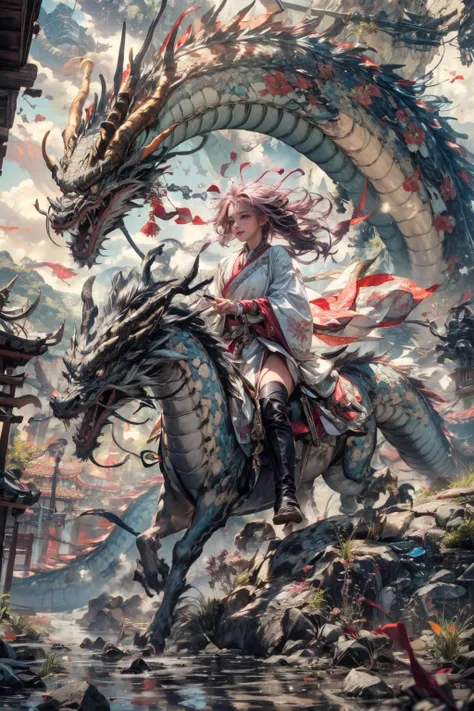 realistic, photorealistic, best quality, masterpiece, ultra high res, finely detailed, quality, realistic lighting, detailed skin, intricate details, raw photo, absurdres, highres, ultra detailed, BREAK, 1girl, solo, looking at viewer, , poster, portrait, close up, key visual, beautifu and aesthetic face, nice hands, (hand of Guido Daniele:1.5), detailed background, detailed face, (riding monster, Riding a dragon:1.5), (film view, Exaggerated Perspective, holding lightning up in one hand, pink theme, chinesedragon, eastern dragon, Dragon Scale, Dragon Horn, Dragon Claw, dragon tongue, sharp dragon teeth, pink white dragon, pink outfit, hanfu, hanfu skirt, pink braids, white bows, thigh boots, wide sleeves, long sleeves, Chinese ancient buildings, Sunrise scenery, large sky, wide sky, mountainous area, mountains at the end of summer, fantastic, mysterious, wind powers, clouds landscape, floating, river, puddle, ripple:1.4), (detailed light, beautiful detailed glow, pink long hair, colored inner hair, pearl, pink_eyes, pink hair, clean facial features, an extremely delicate and beautiful, cute & girly, beautiful detailed eyes, stars in the eyes:1.3), (sexy, slim, large breasts, skinny, slim_legs, long legs, narrow waist, model pose:1.1), (smile, blush, Pink lips, Glowing Eyes, perfect face, detailed pupils, Makeup:1.1), (eye focus,  face focus, character focus, close-up face:1.3), (dynamic pose, dynamic angle, dutch angle,  cowboy shot:1.4), (reflection, refraction, Rembrandt lighting, diffuse lighting, radiosity, photon mapping, subsurface scattering, atmospheric lighting, dynamic lighting, Multi-exposure HDR capture, Screen Space Global Illumination, Ray Tracing, Lumen Reflections, Tone Mapping, volumetric lighting, Circular polarizer, broad lighting, dramatic lighting, moody lighting:1.3), (explosive light and shadow, lens flare, light particle, lens glare, light particles, Luminescent Particles, floating particles, particles:1.2), (depth of field, blurry foreground, sharp focus, perspective, aerial perspective, film grain, film:1.4), (colorful refraction, iridescent colors, Iridescence:1.1), (dark studio, rim lighting, two tone lighting, dimly lit, low key, rim light, dark theme), (watercolor style, soft blending, dreamy washes, delicate textures, brilliant colors, action painting, gestural marks, dynamic brushwork, expressive motion, spontaneous technique, abstract expressionism, energetic compositions, action pose, vibrant glow, dynamic colors, reflective surfaces, girly style, delicate accessories, Overdetailed art, Water color painting, ornaments detailed:1.1), (atmosphere, Cosy, Peaceful, Hopeful:1.1), (Glowing ambiance, enchanting radiance, luminous lighting, ethereal atmosphere, mesmerizing glow, evocative hues, captivating coloration, enchanting aura, melanchonic soft light:1.1), official art, beautiful and aesthetic, beautiful, (zentangle, mandala, tangle, entangle), (ecstasy of flower:1.1), the most beautiful form of chaos, elegant, a brutalist designed, vivid colours, romanticism, atmospheric, warm tone, soft light, (fractal art), BREAK, delicate, Ultrarealistic, drawing, Detailed illustration, extremely detailed CG Unity 8k wallpaper, cinematic, dramatic, PBR Texturing, huge filesize, 8k uhd, octane render, unreal engine 5, BREAK, <lora:epiNoiseoffset_v3:1.65>, <lora:add_detail:0.65>, <lora:more_details:0.65>, <lora:GoodHands-beta2:1>, <lora:[LoRa] Riding Monsteræªç£é¨å£« Concept[ridingmonster]:0.65>,  <lora:ChineseDragon_v2:0.65>,  <lora:LowRA:0.65>