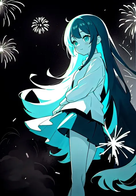 Monochrome cutie girl, with long cyan hair, fireworks background, long exposure . Black and white, contrast, tone, texture, detailed
