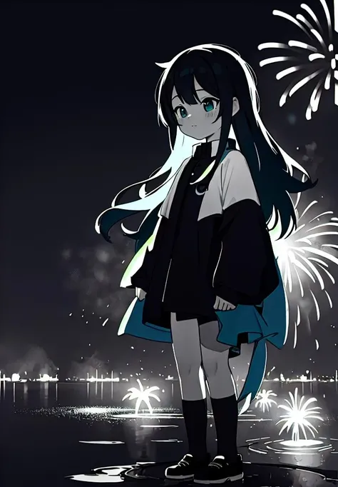 Monochrome cutie girl, with long cyan hair, fireworks background, long exposure . Black and white, contrast, tone, texture, detailed