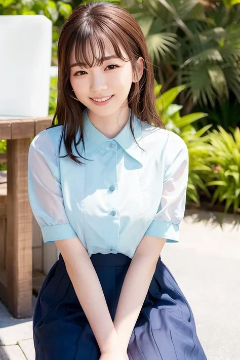 (8k、RAW Photos、highest quality、masterpiece:1.2)、(Realistic、Realistic)、1 girl、((White and light blue、Belly button、andals、Off the shoulder、Frills、Ribbon on chest、garden、smile、Big Breasts、View from the front、whole body、Standing with hands on hips))、Lots of eyelashes、Glowing eyelids、skeletally correct