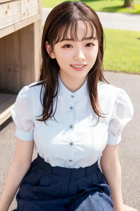8k,masterpiece,Japanese,(A young girl around 12 years old),from the front,(The whole body is shown),A smile showing beautiful teeth,Innocent face,(Childish:1.3),(Big Breasts),Thin and beautiful legs,semi-long,noon,bright,(standing split:1.5),See-through sleeveless collared shirt,Miniskirt