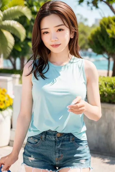 Solo, long_hair, Nanase Nishino, Haruka Kaki, Summer, Fountain, Tank Top, Shorts, (8K, RAW Photography, Best Quality, Masterpiece:1.2), (Realistic, Photorealistic:1.37), Professional Lighting, Photon Mapping, Radiosity, Physically Based Rendering