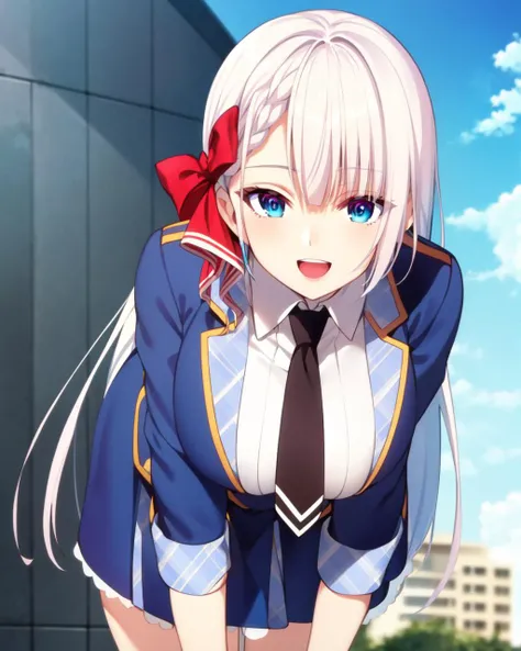 (masterpiece), (best quality), (ultra-detailed), photorealistic, (best illustration), (an extremely delicate and beautiful), 1girl, solo, riselia-fi, leaning forward, (huge breasts), depth of field, upper body, (blue eyes), hair ribbon, red ribbon, long hair,white shirt, blue jacket, collared shirt, blue skirt, black necktie, school uniform, (pov), smile, open mouth, happy, blush, <lora:riselia-fi:1> bent over, from below, blue sky, bokeh, detailed scenery, skyscraper, upper teeth,