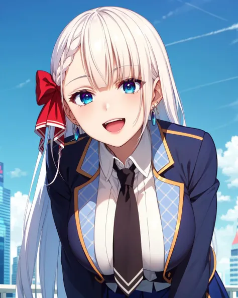 (masterpiece), (best quality), (ultra-detailed), photorealistic, (best illustration), (an extremely delicate and beautiful), 1girl, solo, riselia-fi, leaning forward, (huge breasts), depth of field, upper body, (blue eyes), hair ribbon, red ribbon, long hair,white shirt, blue jacket, collared shirt, blue skirt, black necktie, school uniform, (pov), smile, open mouth, happy, blush, <lora:riselia-fi:1> bent over, from below, blue sky, bokeh, detailed scenery, skyscraper, upper teeth, earrings,