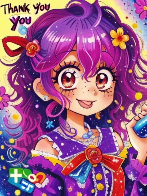 55,1girl,solo,upper body, Oil painting,cartoon,
(freckles:0.95),
flower background,
flower hair ornament,
european,american,pink purple hair , purple colored skin,(blue skin:1.1),oily skin,
red eyes,looking at viewer,
smile,wide mouth,tongue,
(ticklips:1.1),(artistic:1.3),
(very short wavy messy hair:1.2),short hair,
disgaea,
gradient hair,
(speech bubble,text:1.1), (thank you:1.3),
kinomi,
<lora:Kinomi_Looney_Anime:0.75>