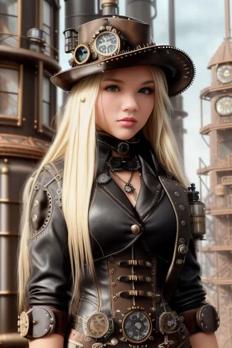 photo of juliahart-5200, (front to camera), detailed european face, (aspiring facial expression), (((steampunk style close))), ((steampunk city on the background)), RAW, analog style, ultra detailed photograph, cinematic lighting, artstation, 4k, sharp focus, high resolution, detailed skin, detailed eyes