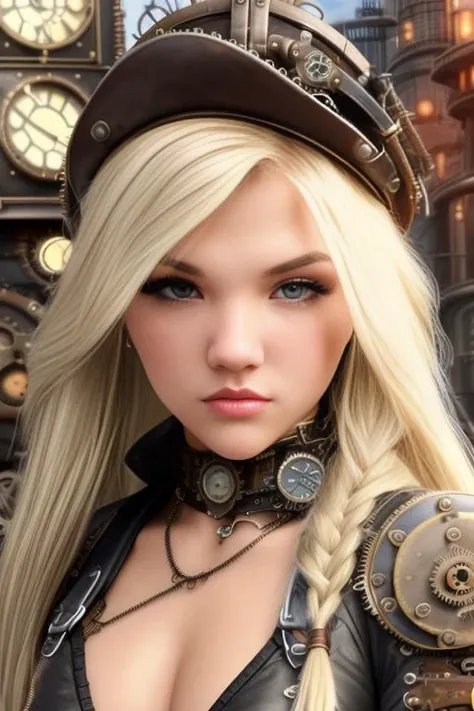 photo of juliahart-5200, (front to camera), detailed european face, (aspiring facial expression), (((steampunk style close))), ((steampunk city on the background)), RAW, analog style, ultra detailed photograph, cinematic lighting, artstation, 4k, sharp focus, high resolution, detailed skin, detailed eyes
