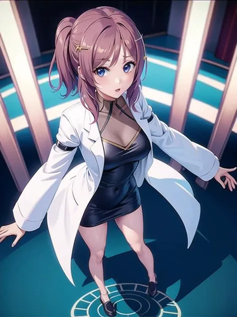 1girl, solo,(best quality),(masterpiece:1.1), full body, looking_at_viewer, dynamic angle, labcoat, cute, clear facial skin,