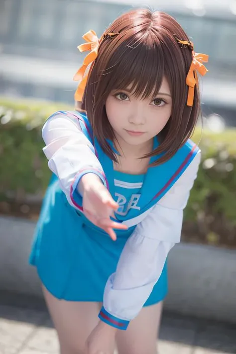 (RAW photo:1.2), (photorealistic:1.4),(masterpiece:1.3),(best quality:1.4),ultra high res,(detailed eyes),(detailed facial features),(detailed clothes features),HDR,8k resolution, solo focus, looking at viewer, (bangs:1.1), dreamlike, (extreme detailed illustration), 1girl,cute, innocent, (smile), full body , haruhi_srf, white long sleeves shirt and blue collar, yellow ribbon, <lora:HaruhiSerafukuV1.2:1>