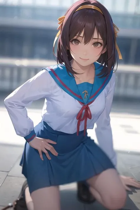 (RAW photo:1.2), (photorealistic:1.4),(masterpiece:1.3),(best quality:1.4),ultra high res,(detailed eyes),(detailed facial features),(detailed clothes features),HDR,8k resolution, solo focus, looking at viewer, (bangs:1.1), dreamlike, (extreme detailed illustration), 1girl,cute, innocent, (smile), (full body) , haruhi_srf, white long sleeves shirt and blue collar, blue skirt, yellow ribbon, <lora:HaruhiSerafukuV1.2:1>,