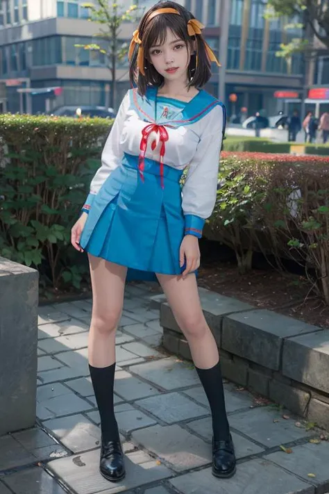 (RAW photo:1.2), (photorealistic:1.4),(masterpiece:1.3),(best quality:1.4),ultra high res,(detailed eyes),(detailed facial features),(detailed clothes features),HDR,8k resolution, solo focus, looking at viewer, (bangs:1.1), dreamlike, (extreme detailed illustration), 1girl,cute, innocent, (smile),(( full body,)) , haruhi_srf, red ribbon tie,blue skirt, black socks, garden, <lora:HaruhiSerafukuV1.2:1>