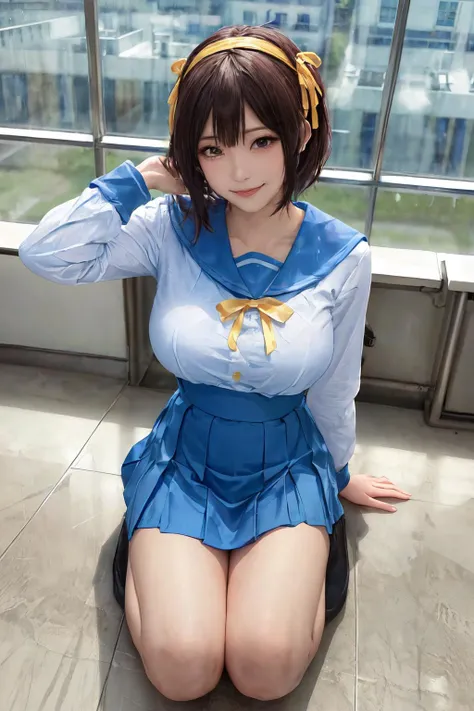 (masterpiece, top quality, best quality, beautiful and aesthetic), 1girl, solo, extremely detailed, highest detailed,8k photo, realistic, dynamic ungle,haruhi_srf, , white long sleeves shirt and blue collar, blue skirt, yellow ribbon,
looking at viewer,mini skirt, kneeling, class room, <lora:HaruhiSerafukuV1.2:0.7> smile, large breast, <lora:add_detail:0.3> from above,