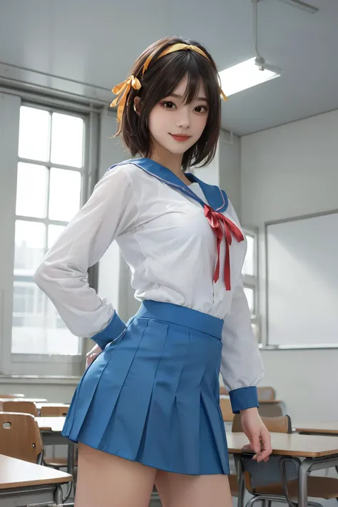 (masterpiece, top quality, best quality, beautiful and aesthetic), 1girl, solo, extremely detailed, highest detailed,8k photo, realistic, haruhi_srf, white long sleeves shirt and blue collar, blue skirt, red tie, yellow ribbon, cute girl,
looking at viewer,micro mini skirt, standing, class room, <lora:HaruhiSerafukuV1.2:0.65> little smile, large breast, panties, from below,