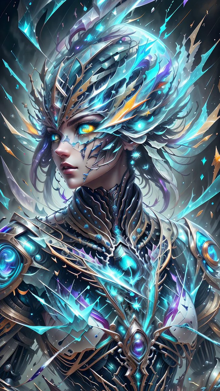 8k,intricate,elegant,highly detailed,majestic,digital photography,cowboy shot,surreal painting,broken glass,(masterpiece, sidelighting, finely detailed beautiful eyes:1.2),hdr,<lora:kVoidEnergy-000001:0.9>,void3nergy,lightning storm,woman,wearing regal battle armor,raining,beautiful,facing viewer t,masterpiece,GlowingRunesAIV2_red on armor,upper body,<lora:smokeanywhere:0.9>,smokeanywhere,<lora:magicarmorai-000011:0.5>,<lora:wowifierV3:0.5>,by mooncryptowow,halo,psychedelic,cyberpunk robot,complex robot,<lora:IceAI:0.5>,IceAI,