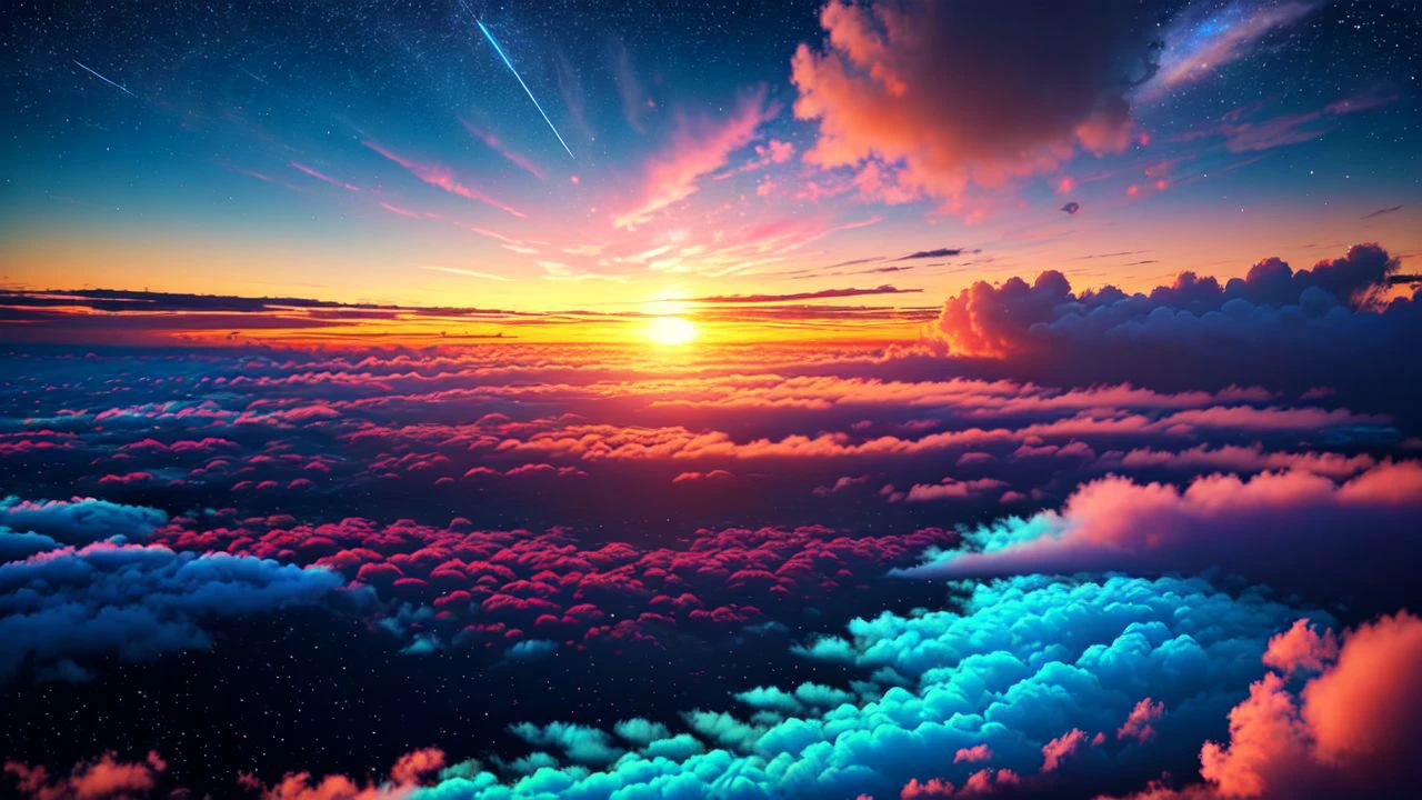smokeanywhere,puffy clouds,sunrise,(picture from above the clouds),<lora:smokeanywhere:0.8>,(colorful clouds),<lora:IceAI:0.5>,IceAI,<lora:LAS:0.5>,cloud,colorful,starry,stars,