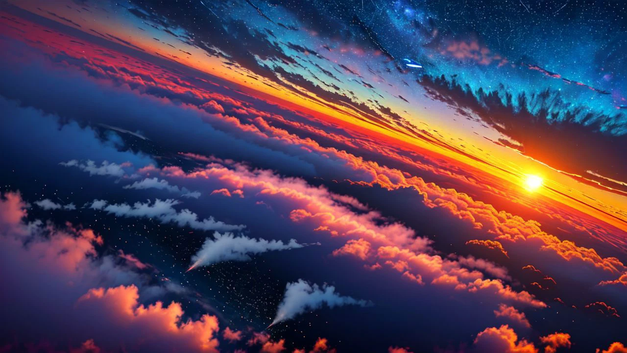 smokeanywhere,puffy clouds,sunrise,(picture from above the clouds),<lora:smokeanywhere:0.8>,(colorful clouds),<lora:IceAI:0.5>,IceAI,<lora:LAS:0.5>,cloud,colorful,starry,stars in the sky,