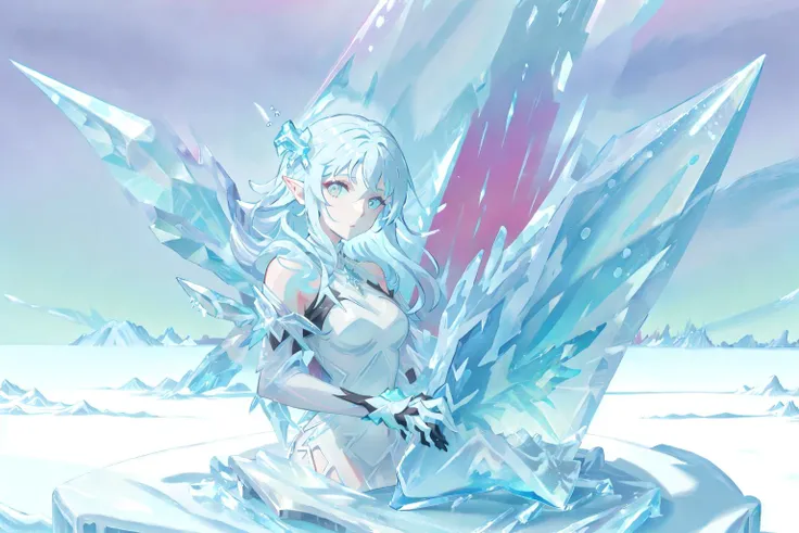 masterpiece, best quality, winter,snowing, snow,full body, 1girl,white_skin,white_hair, ((absurdly long hair)), white_eyes,wavy_hair, messy hair,snowflake hair ornament,pointy_ears,elf,necklace,medium breasts, solo, short_dress, ((light blue dress)), luxury dress, bare shoulders, shiny dress, star, mysterious, ice, cold, snowflakes, Eriscael