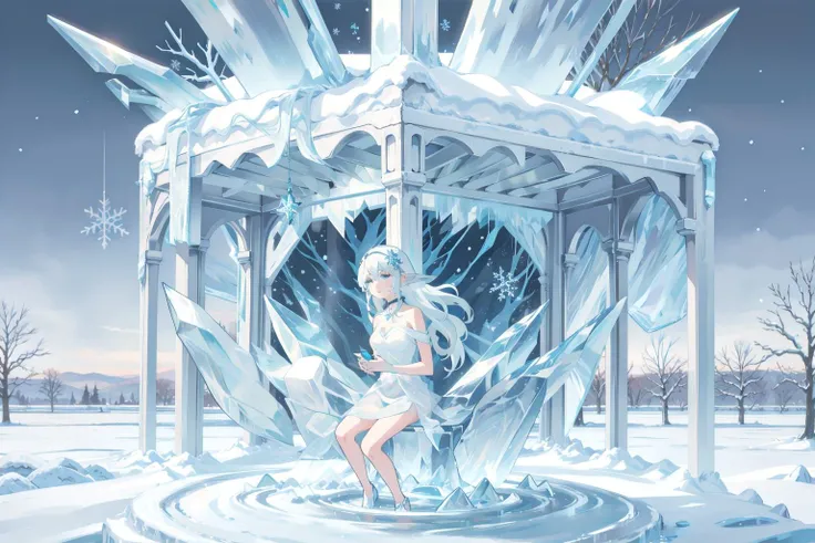 masterpiece, best quality, winter,snowing, snow,full body, 1girl,white_skin,white_hair, ((absurdly long hair)), white_eyes,wavy_hair, messy hair,snowflake hair ornament,pointy_ears,elf,necklace,medium breasts, solo, short_dress, ((light blue dress)), luxury dress, bare shoulders, shiny dress, star, mysterious, ice, cold, snowflakes, Eriscael