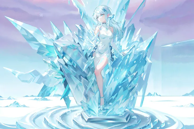 masterpiece, best quality, winter,snowing, snow,full body, 1girl,white_skin,white_hair, ((absurdly long hair)), white_eyes,wavy_hair, messy hair,snowflake hair ornament,pointy_ears,elf,necklace,medium breasts, solo, short_dress, ((light blue dress)), luxury dress, bare shoulders, shiny dress, star, mysterious, ice, cold, snowflakes, Eriscael