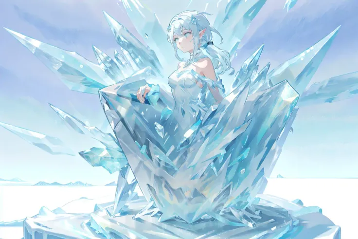 masterpiece, best quality, winter,snowing, snow,full body, 1girl,white_skin,white_hair, ((absurdly long hair)), white_eyes,wavy_hair, messy hair,snowflake hair ornament,pointy_ears,elf,necklace,medium breasts, solo, short_dress, ((light blue dress)), luxury dress, bare shoulders, shiny dress, star, mysterious, ice, cold, snowflakes, Eriscael
