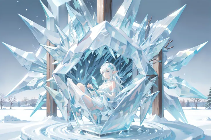 1girl, chibi, cute, cyclops, one-eyed, white hair, fluorescent blue eyes, nude, sitting on ice throne, flowing see-through dress, nipples, magical ice cavern, stalactites, ice flowers, ice crystals, snowflakes, mist, smile