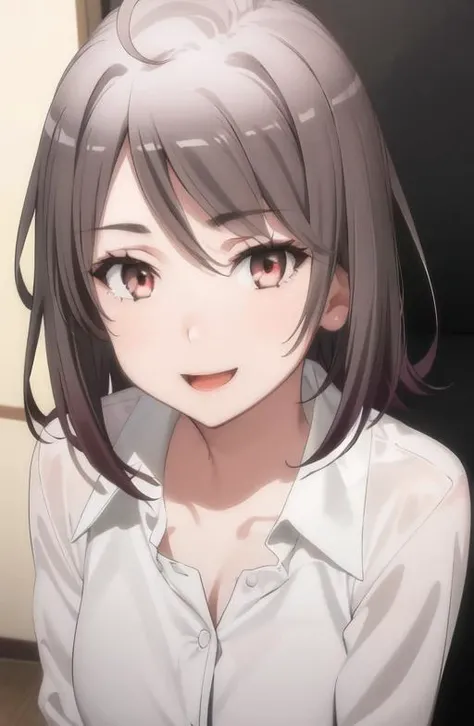 masterpiece, high quality, best quality, high resolution, 4k, high definition, beautiful lighting,highly detailed face, well drawn hands, well drawn legs,well drawn feet,well drawn eyes,1girl, haruno, black hair, short hair, brown eyes, smiling,face close up, (((face only))),ahoge,side bangs, <lora:yukinoshita_haruno-04:1>