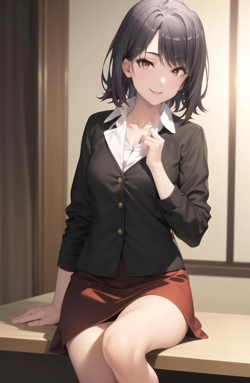 masterpiece, high quality, best quality, high resolution, 4k, high definition, beautiful lighting,highly detailed face, well drawn hands, well drawn legs,well drawn feet,well drawn eyes,1girl, haruno, black hair, short hair,ahoge, brown eyes,white shirt, black jacket, red skirt, standing,smiling, <lora:yukinoshita_haruno-01:1>